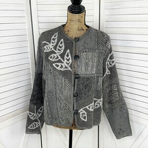 Sandy Starkman Vintage Patchwork Knit Cardigan Sweater Gray Large Cotton